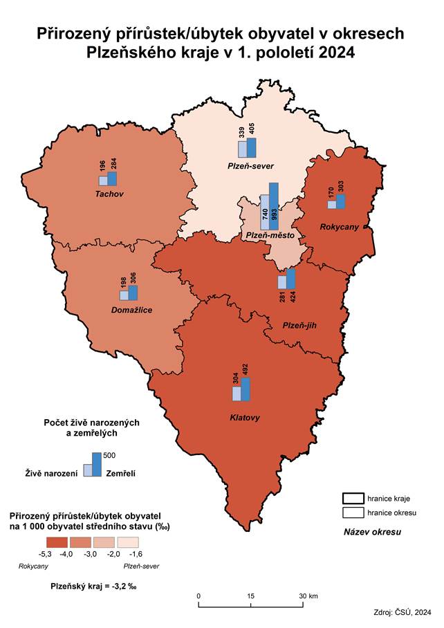 Kartogram: Pirozen prstek/bytek obyvatel v okresech Plzeskho kraje v 1. pololet 2024